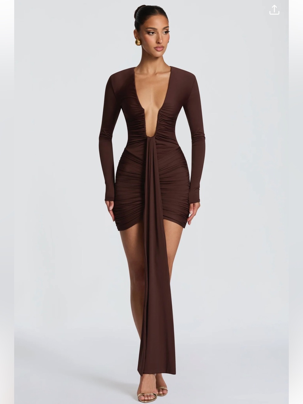Plunging V-Neck Long Sleeve Chocolate Brown Mini Dress